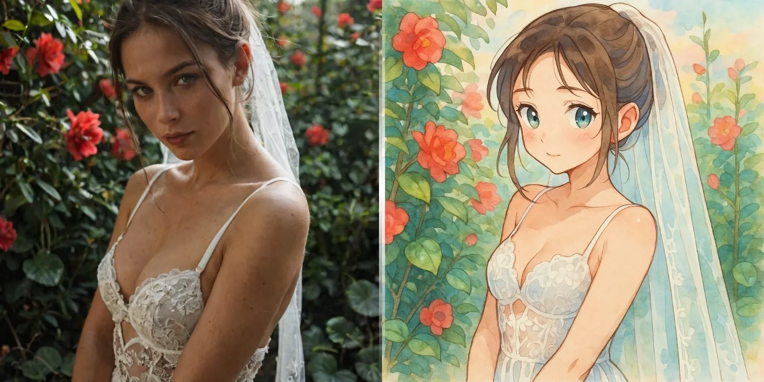 A woman in a white bridal gown standing among flowers, alongside her anime-style character counterpart, created by Xole AI Anime Generator.